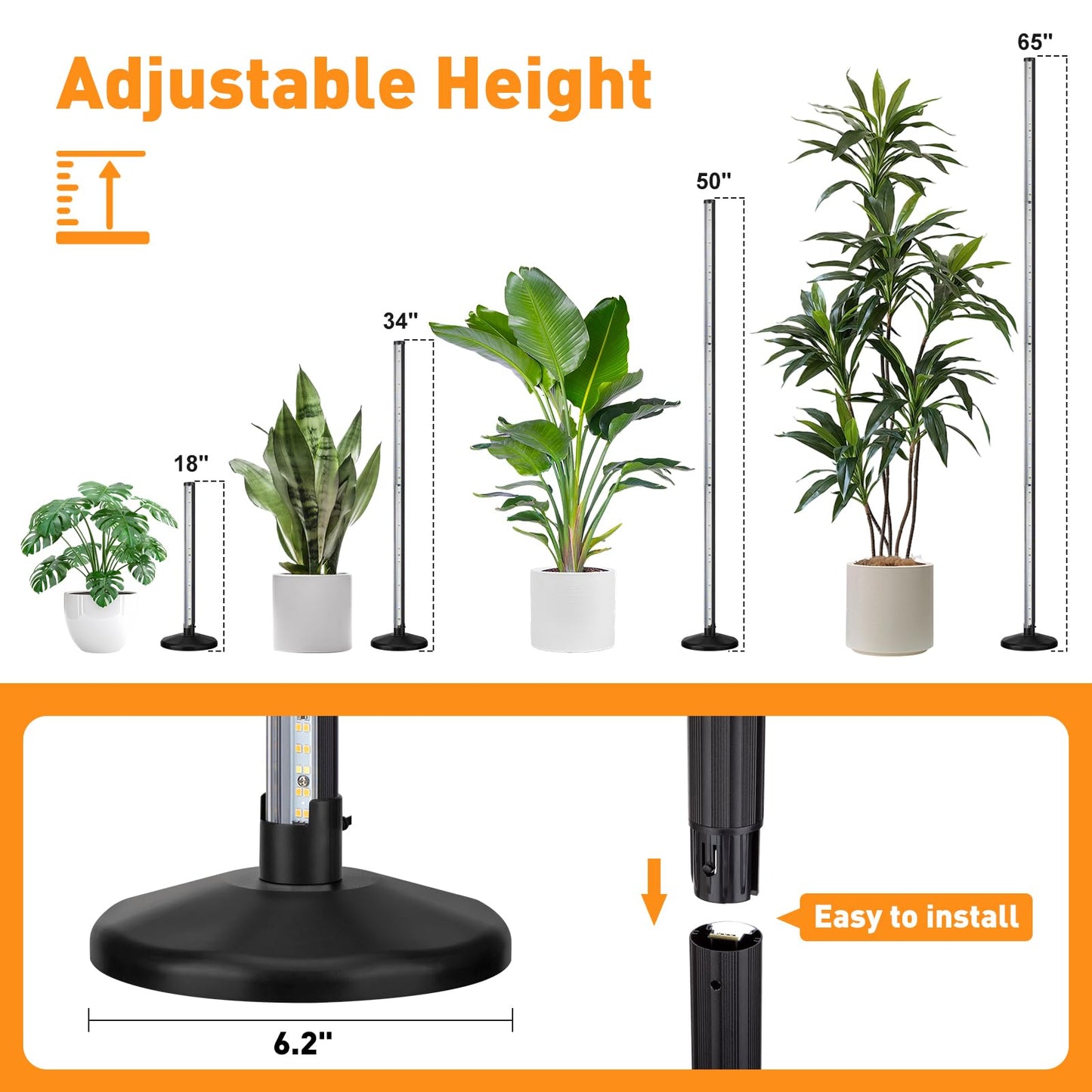BlumWay 65 Inch Grow Lights for Indoor Plants,36W,660nm+3000K+6000K, 336 LEDs Full Spectrum LED Standing Plant Lights with 2 Timers and 10 Level Dimming Detachable Plant Growing Lamps for Greenhouse