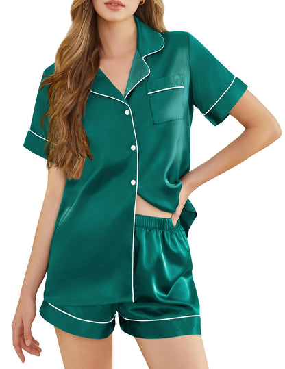 Silk Pajamas for Women Short Sleeve Sleepwear Soft Button Down Loungewear 2 Piece Satin Pjs Shorts Set S-XXL