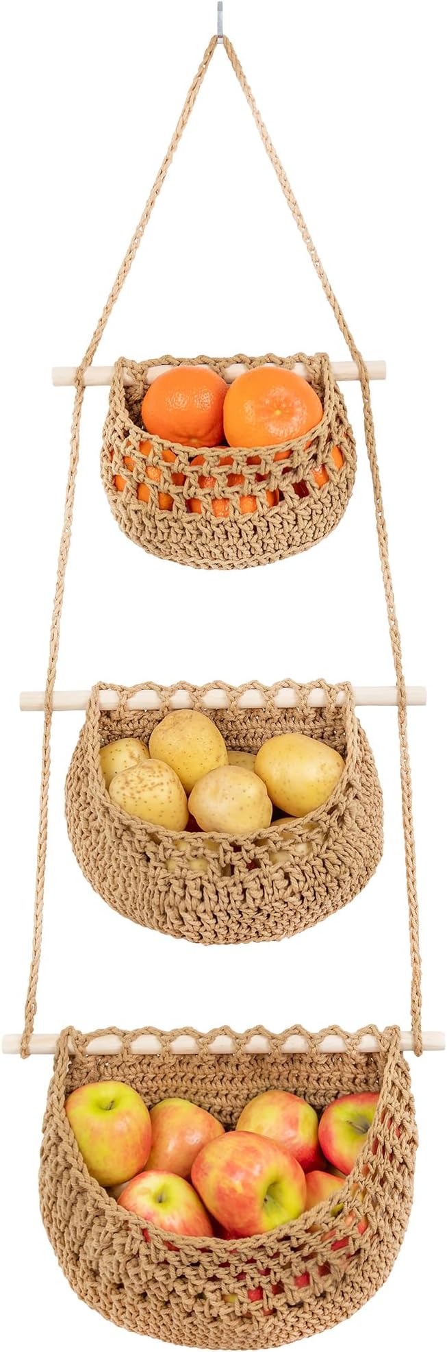 Cotton Hanging Fruit Basket, 3 Tier Woven Wall Basket, Hanging storage baskets