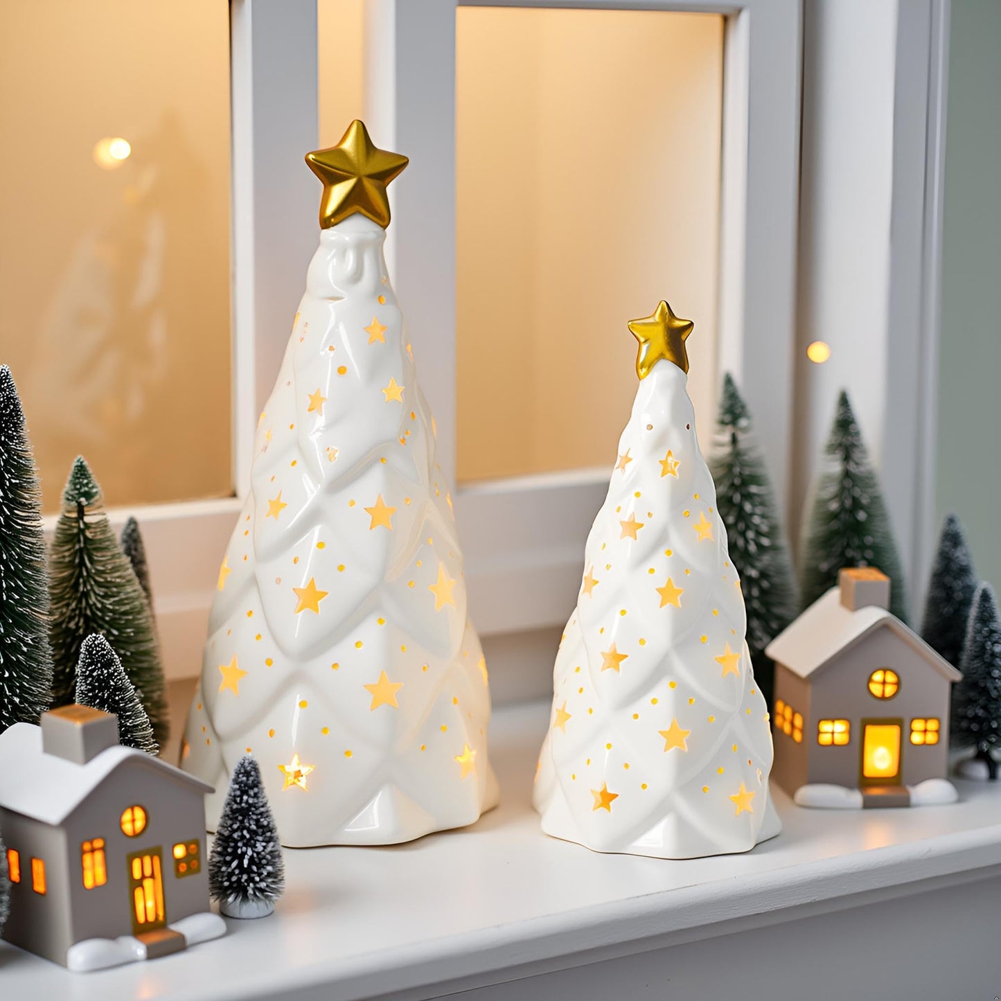 DN DECONATION Ceramic Christmas Trees Light Up White, 2Pcs Christmas Tree Lighted, Xmas Small Tree with Lights, Christmas Tree Figurines for Tabletop Fireplace Home Centerpieces Decoration