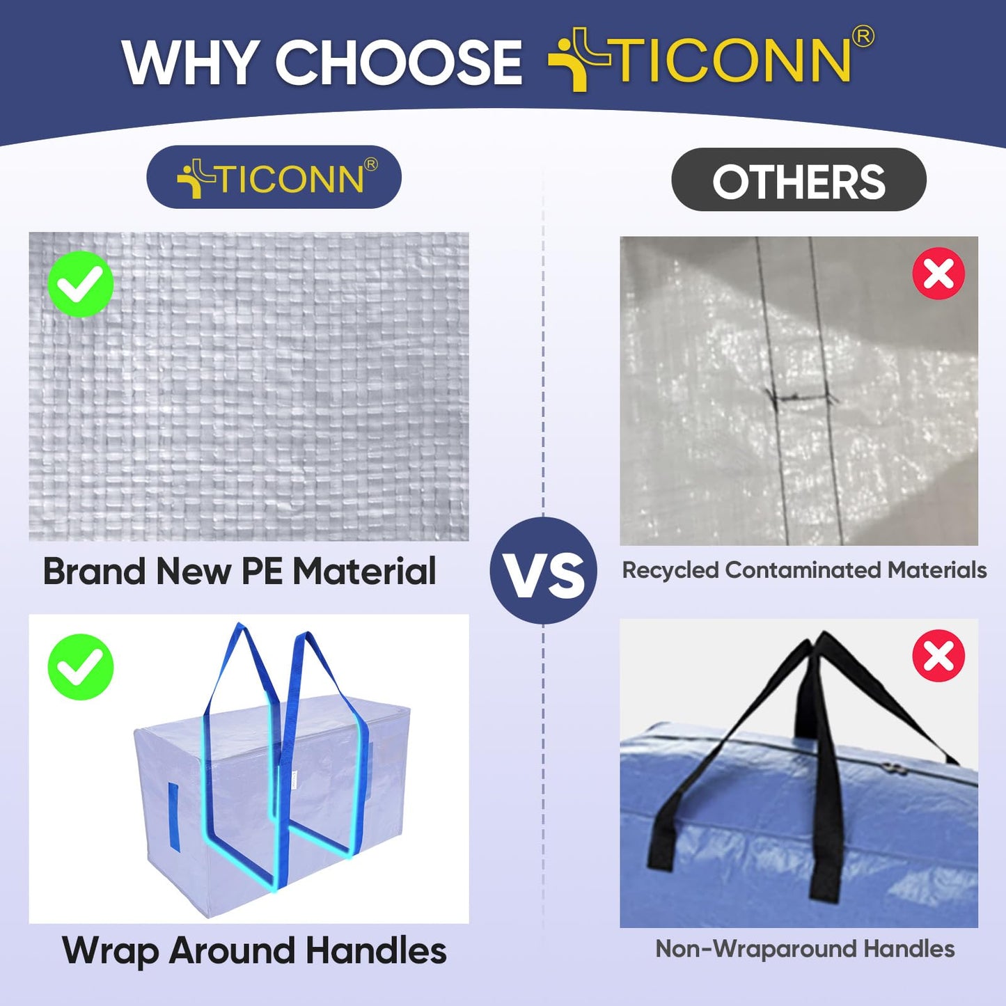 TICONN 4 Pack Extra Large Moving Bags Heavy Duty with Zippers & Carrying Handles, Durable Storage Bags Moving Boxes for Closet Organizers and Storage (4 Pack, Blue)