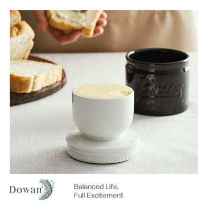 DOWAN Butter Dish, French Butter Crock With Lid for Spreadable Soft Butter, Porcelain Butter Keeper With Waterline for Counter, Embossed Butter Container Home Gift Kitchen Decor, Beige