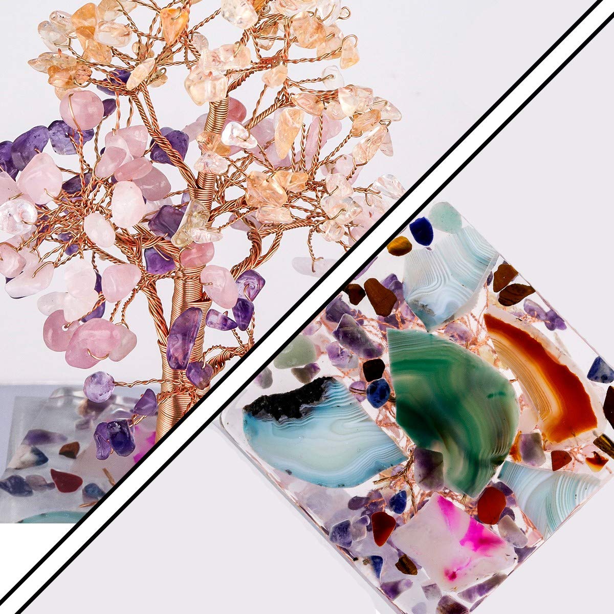Rockcloud Citrine + Rose Quartz+ Amethyst Natural Healing Crystal Tree Decoarations for Home Office, Copper Wrapped Tree of Life Bonsai Feng Shui Money Tree for Wealth and Luck