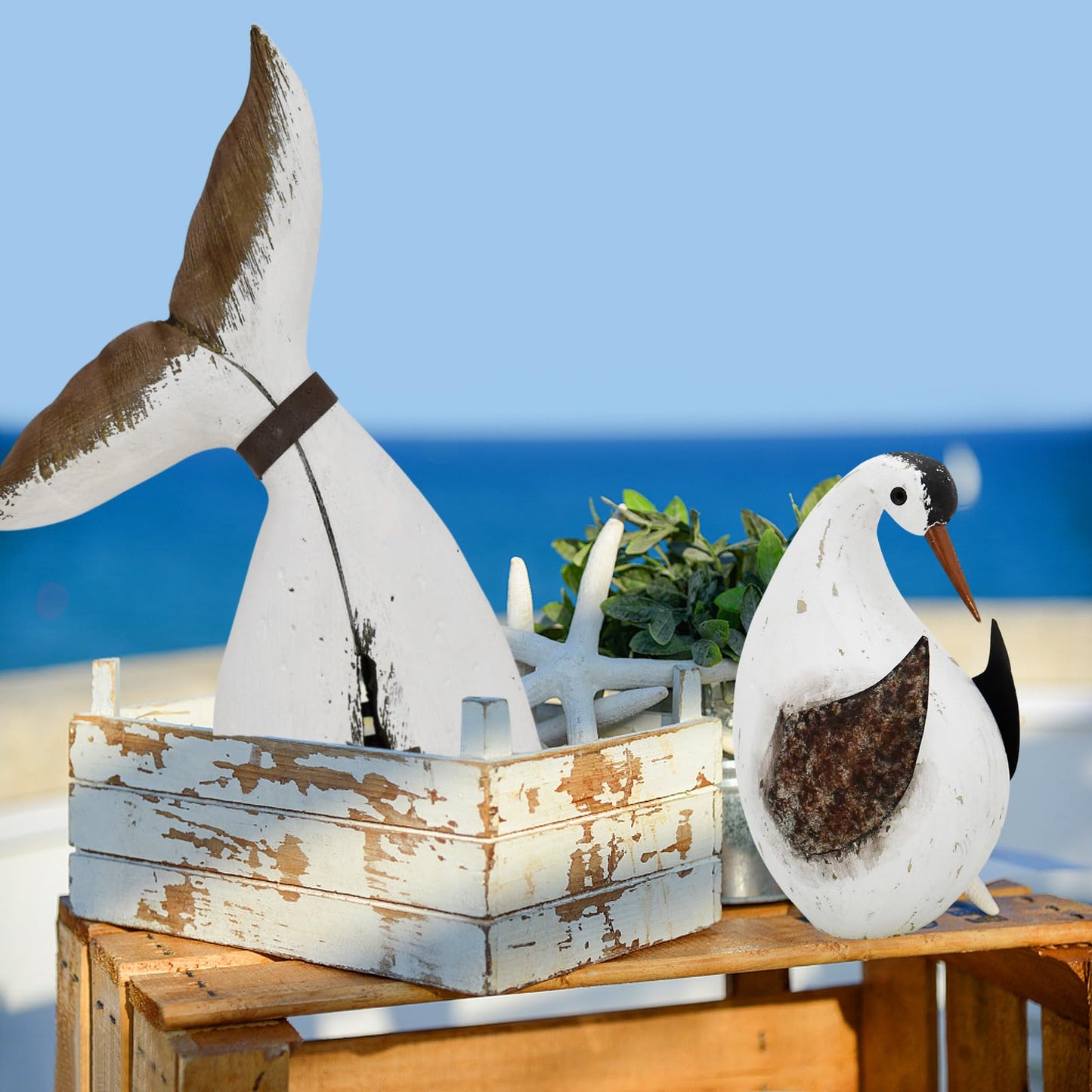 wovorins Wood Bird Statue Nautical Decor Decorative Rustic Seabird Sculpture Wooden Beach Themed Coastal Mediterranean Tabletop Decoration for Home Bathroom Living Room (M)