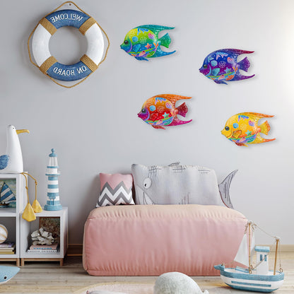 SUNREEK 9 Inches Metal Fish Wall Art, Coastal Beach Nautical Hanging Decor, Outdoor Ocean Pool Wall Decor (4, Fish-A)