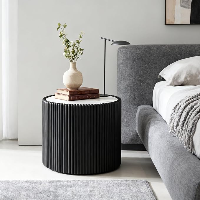 Marble Round Side Table, 17.71" Fluted End Table