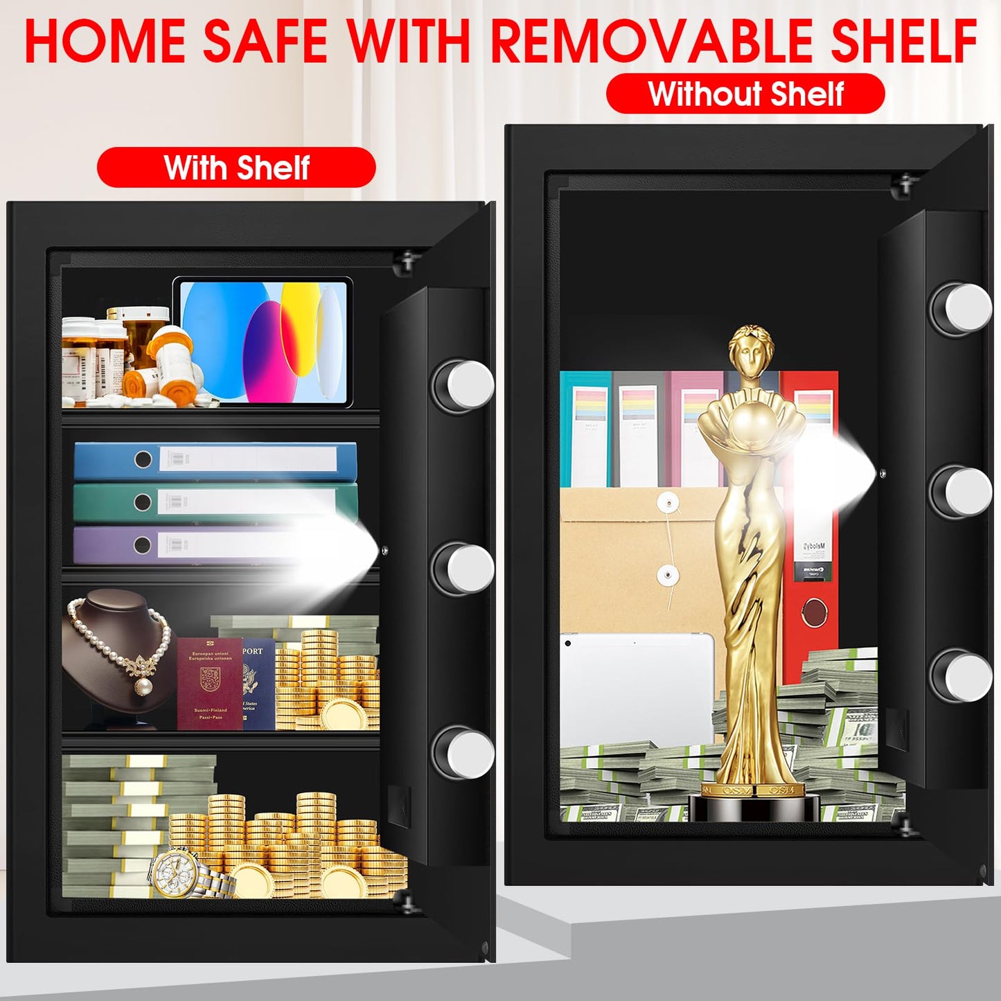 5.2 Cuft Large Floor Safe, Heavy Duty Fire Proof Safes for Home Use with Digital Keypad, Removable Shelves and Alarm System, Anti-theft Home Safe for Documents Money