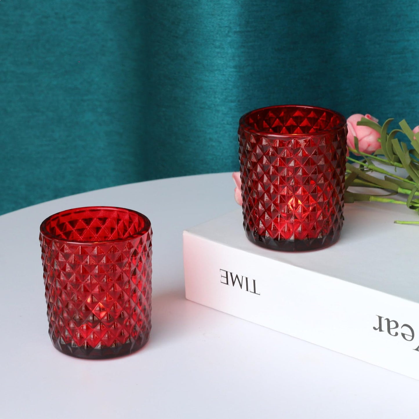Woho Candle Holders for Votive Candles/Tealight Candles, Votive Candle Holder for Boho Home Decor, Glass Tea Lights Candle Holder for Wedding Party Christmas（24, Red