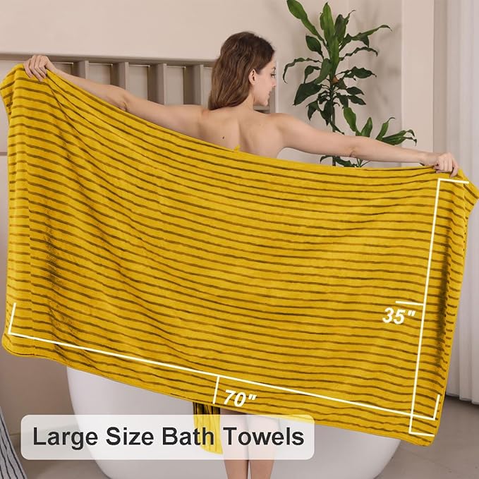8 Pcs Yellow Cabana Stripe Polyester Bath Towel Set Oversize Bath Sheet-2