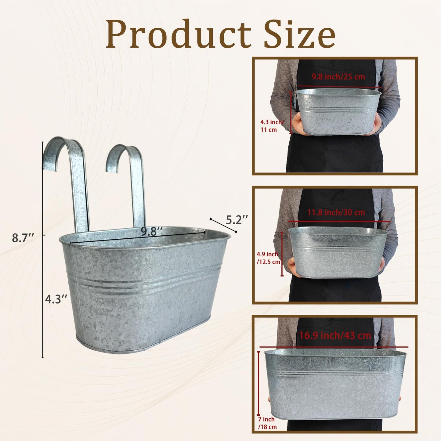 Joyfernal Balcony Galvanized Hanging Planters Railing Flower Pots, Outdoor Metal Fence Planter Pot with Detachable Hooks Drain Hole for Garden Patio Yard Decor (10 Inch, 2Pcs)
