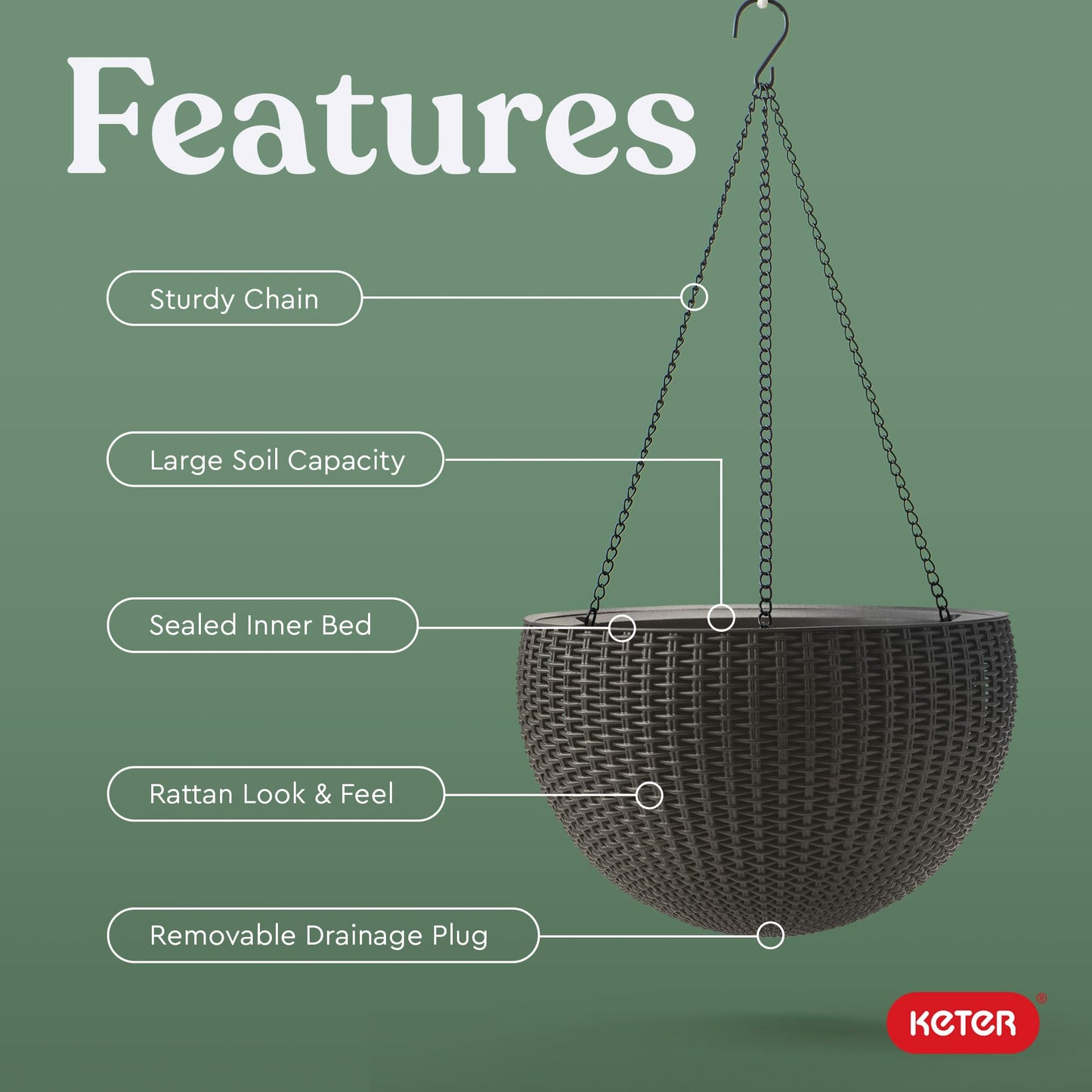 Keter Resin Rattan Set of 2 Round Hanging Planter Baskets for Indoor and Outdoor Plants-Perfect for Porches and Patio Decor, Cappuccino