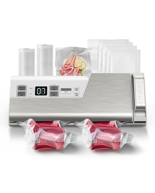 Mesliese Vacuum Sealer Machine, 95kPa 140W Double Seal Powerful Food Sealer, One Hand Operation Food Storage with Build-in Cutter & Roll Storage, Includes 2 Bag Rolls, 5pcs Pre-cut Bags white