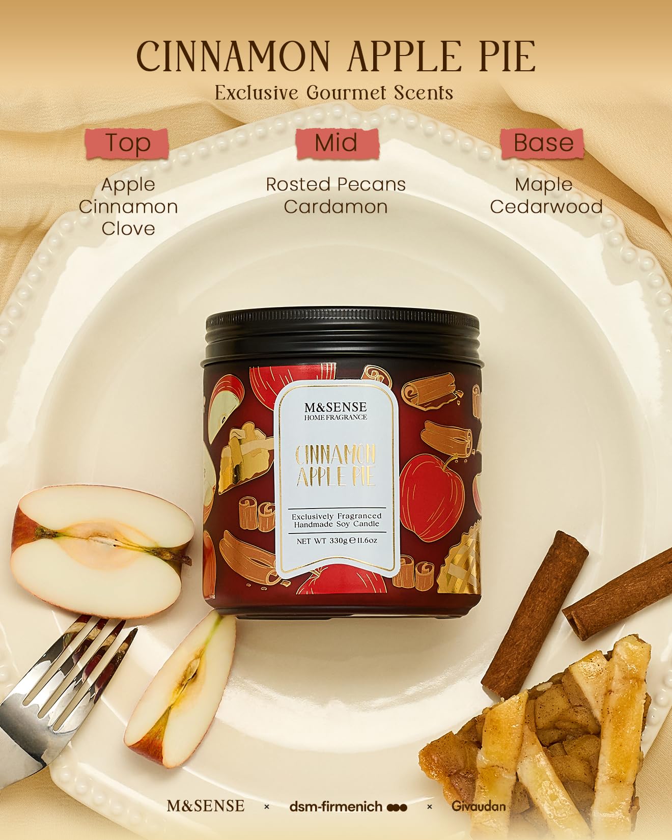 M&SENSE Christmas Candles Cinnamon Apple Scented, Soy Wax 11.6oz 70 Hours Long Lasting Burn, Holiday Candle for Kitchen Dining Room Fall Decor, Winter Relaxing Gifts for Women