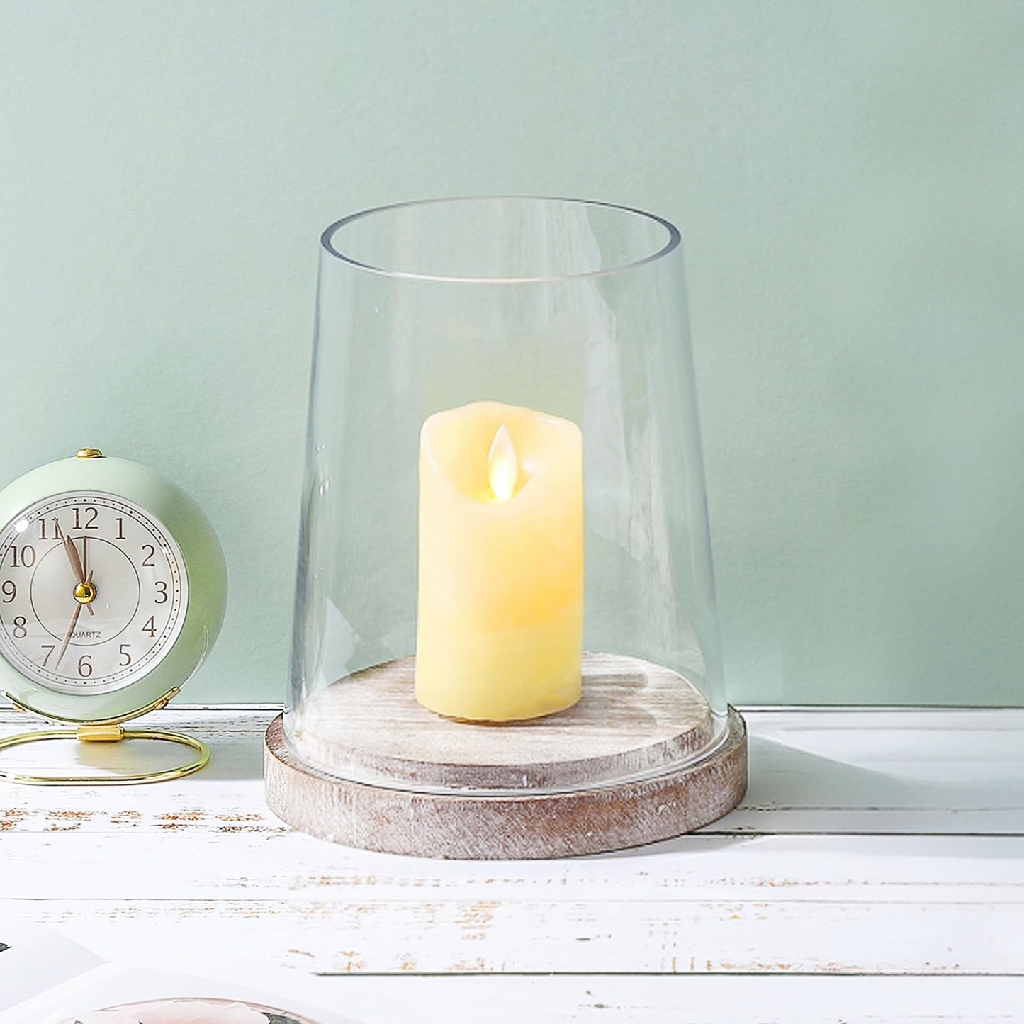 6" Wide Glass Hurricane Candle Holders with Handmade Sturdy Glass Sleeves and Distressed Brown Wood Base for Pillar Candle & Plants, Industrial, Farmhouse, Display Cloche Bell Jars, Table Centerpiece