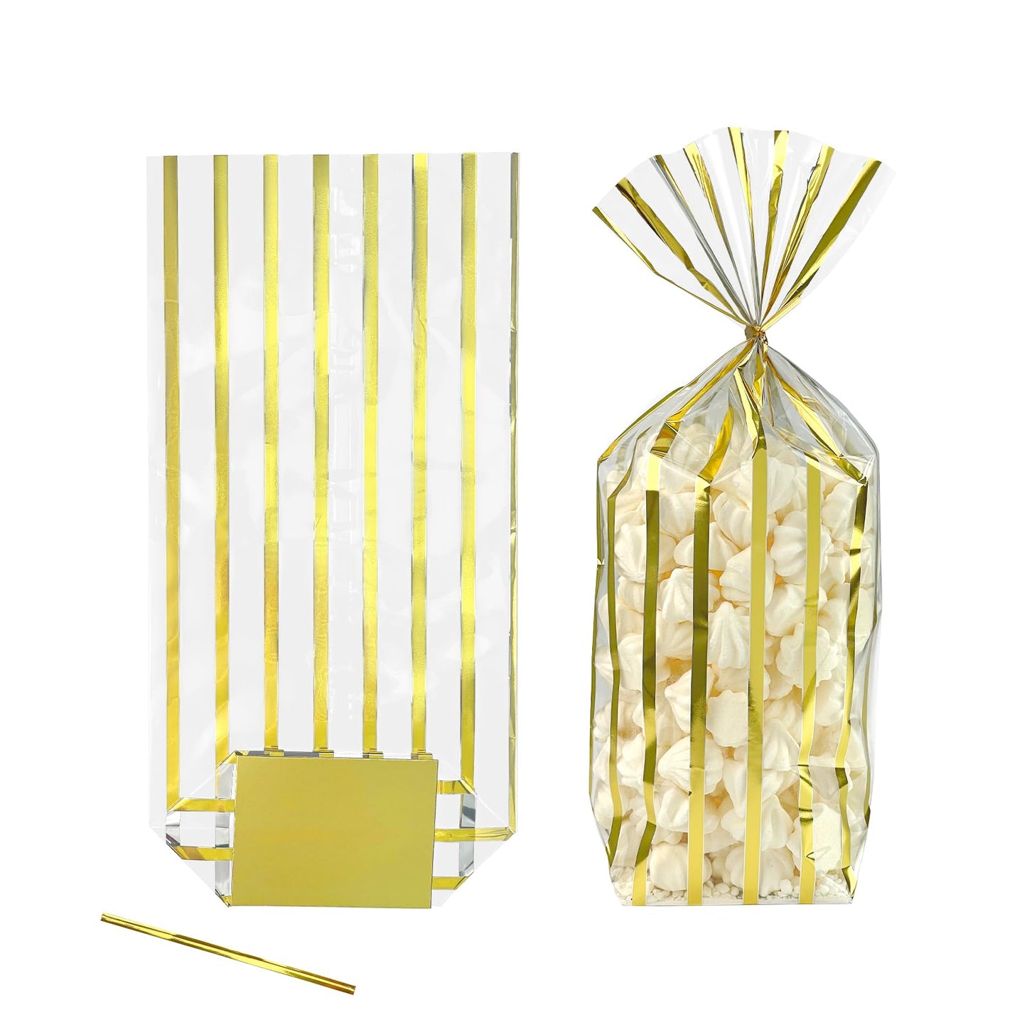 EKAPACKAGING 25 Pcs 3.21x2.42x12in Flat Bottom Cellophane Bags (6x12in Flat Size), Metallic Gold Stripe Treat Bags with Ties, Heat Sealable Clear Cello Bags for Cookies