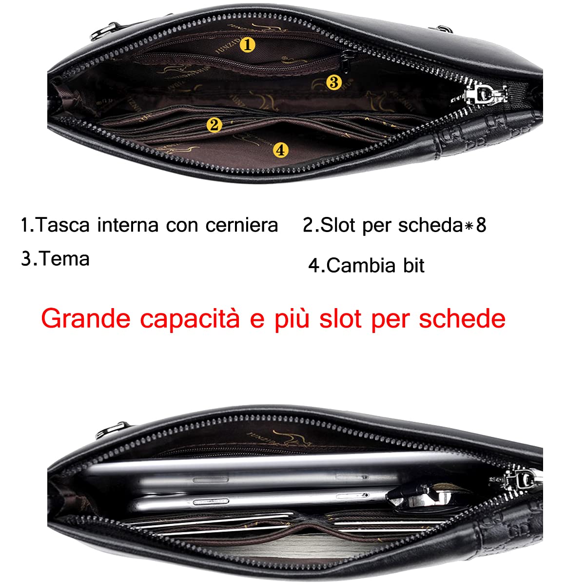 A-QMZL Clutch Bag Men's PU Leather Elegant Handbag Large Capacity Pochette Envelopes Handbags Card Slot Pockets Zipper Wallets Man with Strap Wrist Bag Business Casual Travel Office
