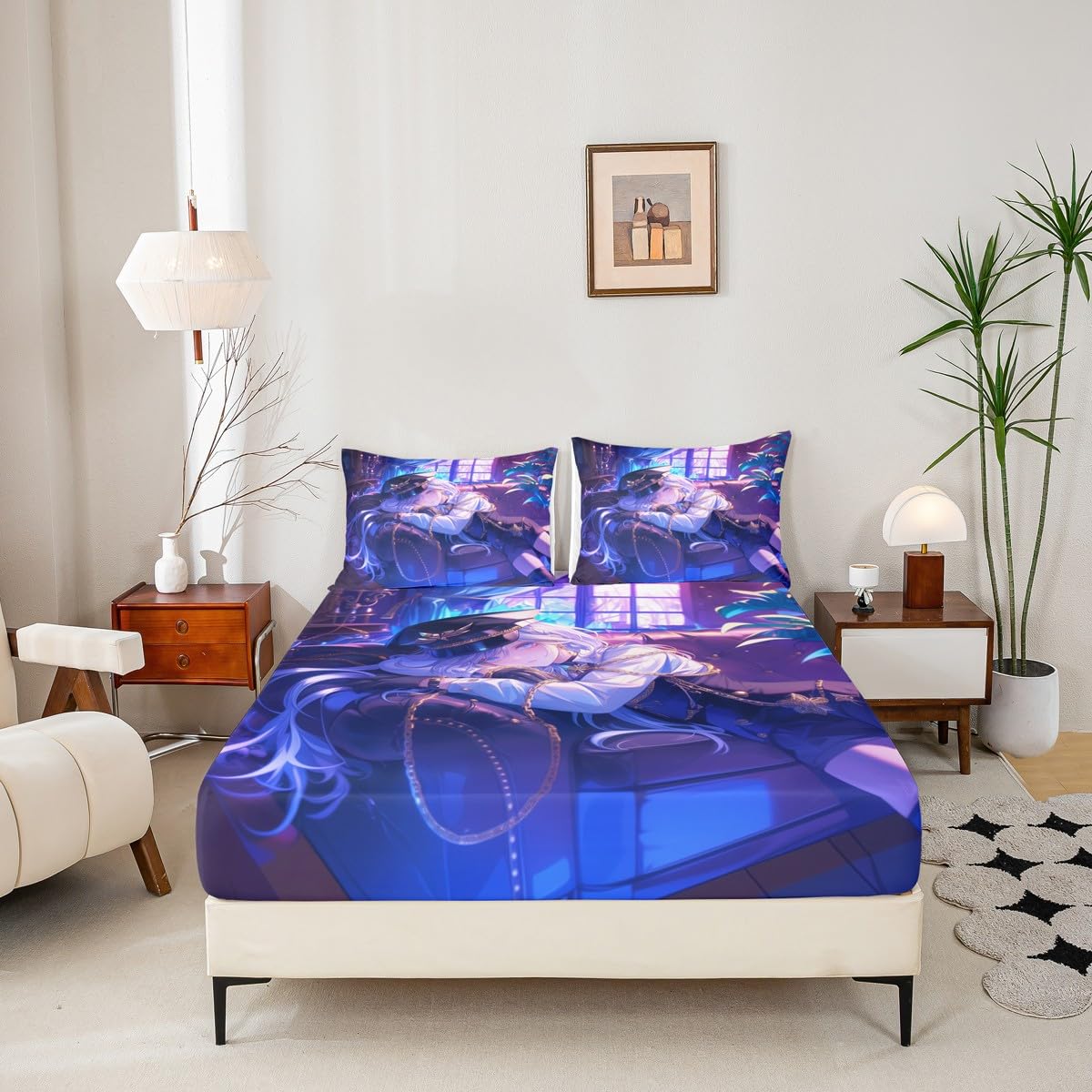 Erosebridal Anime Girl Fitted Sheet Full Size Japanese Anime Bed Sheets for Kids Boys Teens Women Bedroom Decor, Cartoon Girl Bedding Set Japanese Animation Kawaii Sheets, Purple