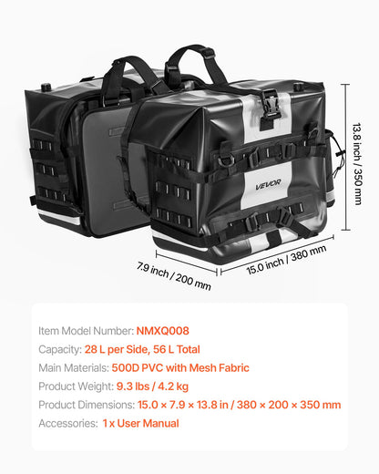 VEVOR Motorcycle Saddle Bags, 56L(28L*2) Waterproof Motorcycle Luggage Saddlebags Set of 2 with Detachable Shoulder Strap, Heavy-Duty Shoulder Bag Fit for Most Outdoor Adventure Sports Motorbike