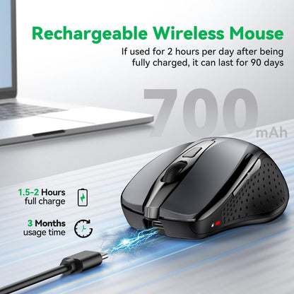 TechRise Bluetooth Mouse, Rechargeable Wireless Mouse (BT5.0/3.0 & 2.4G), 4800DPI Adjustable, 6-Button Silent Computer Mice, USB A Ergonomic Wireless Mouse for Laptop PC Mac, Grey