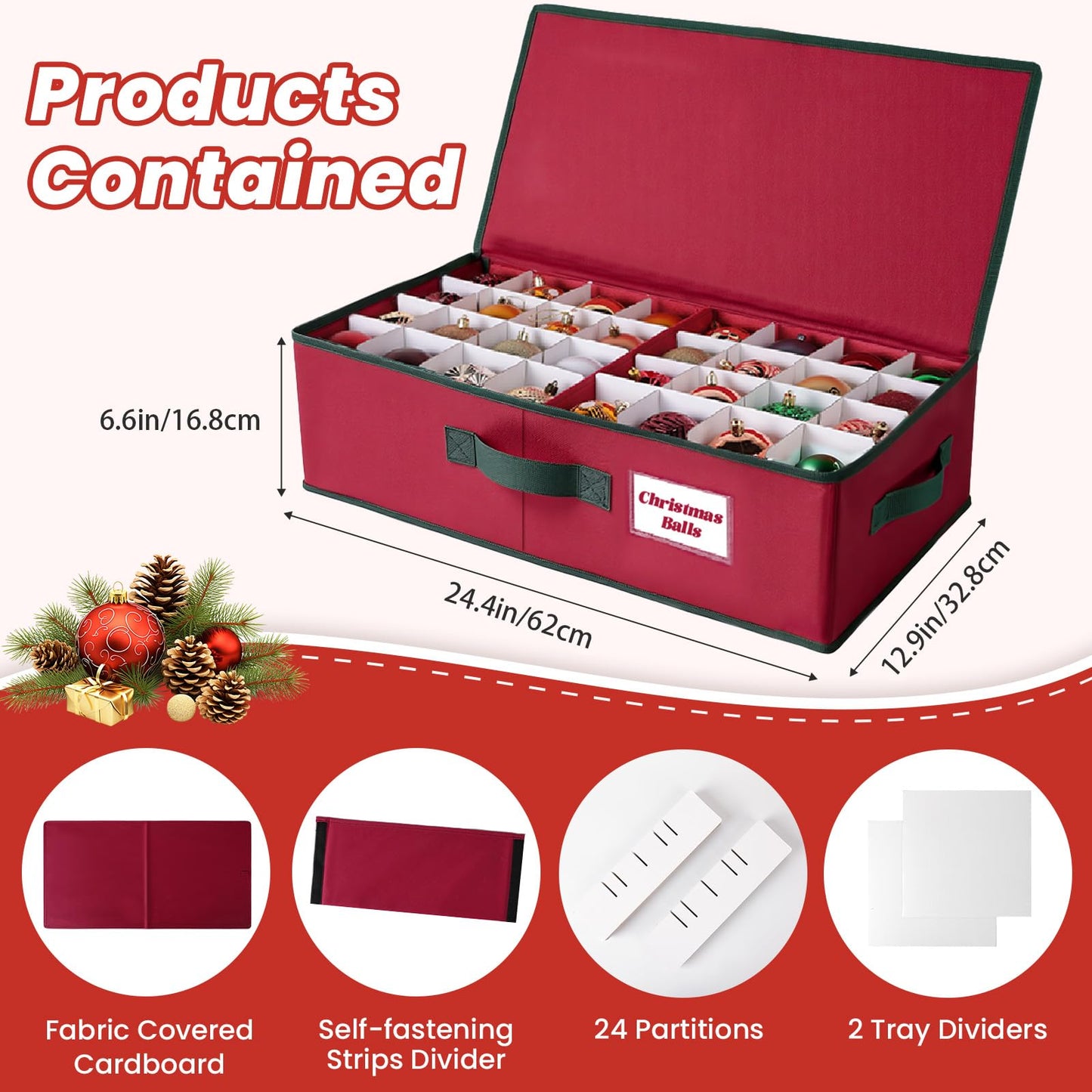 BlessedSeason Christmas Ornament Storage Box with Adjustable Dividers, Cube Storage Containers Organizer *2, Stackable Storage Bins Fit Balls (36 PCS 4’’ & 64 PCS 3”) Dual Zipper, Handles, Visual Slot