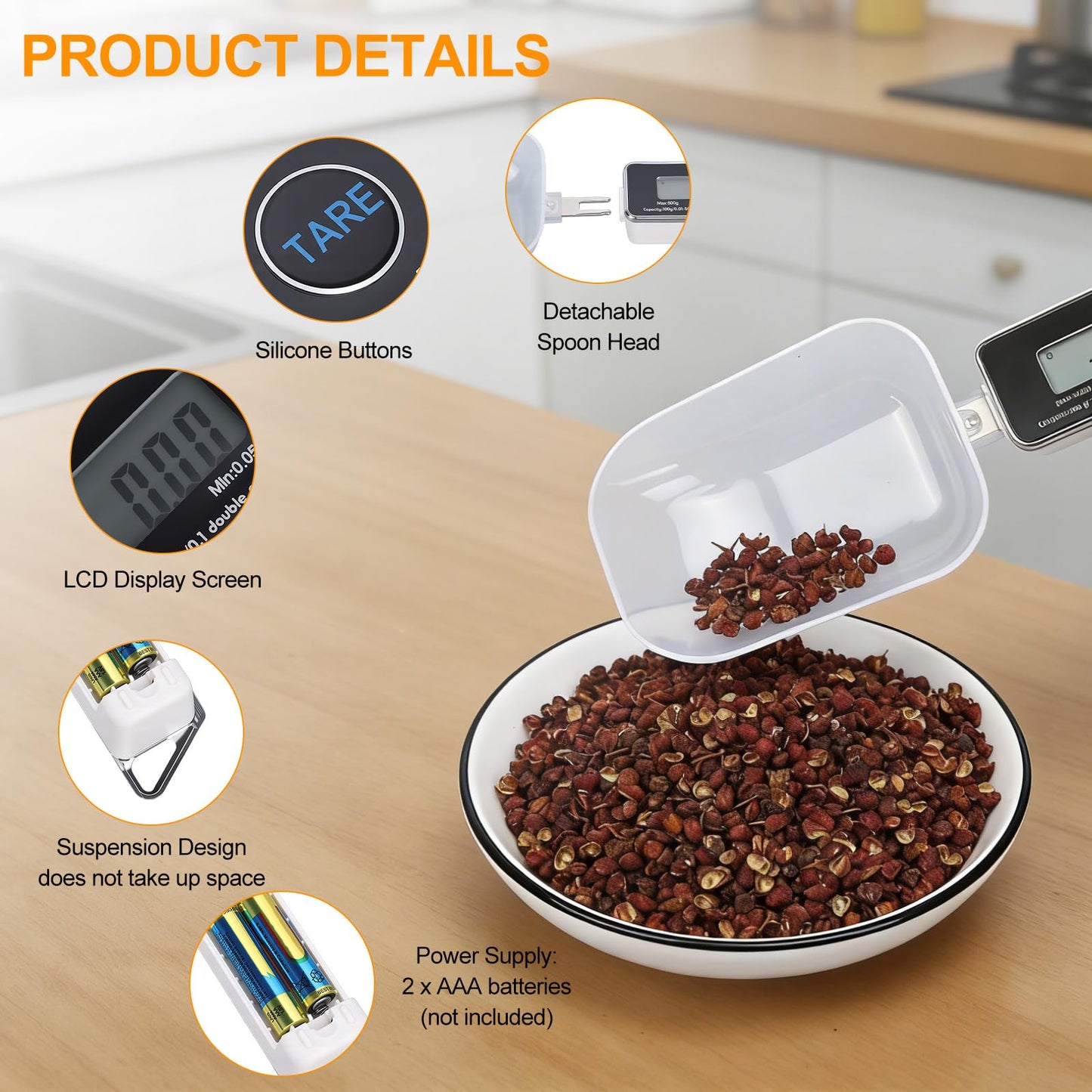 Dioche Digital Measuring Spoon Scale, High Precision 0.05g to 500g Capacity, with 30ml & 80ml Detachable Spoons, Tare Function & Unit Conversion for Baking, Cooking, Pet Food, Kitchen - Black