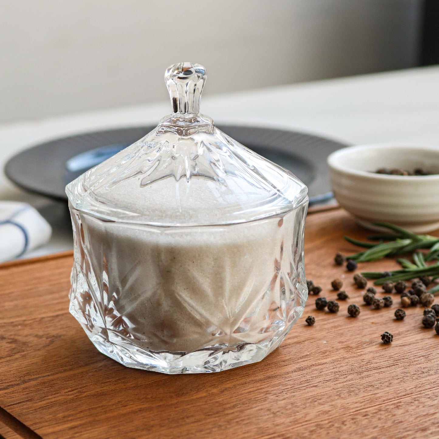 Iyulania Glass Salt Box with Lid, Decorative Spices Jar for Pepper, Kosher Salt, Sugar and Candies, Dishwasher Safe, 9 oz
