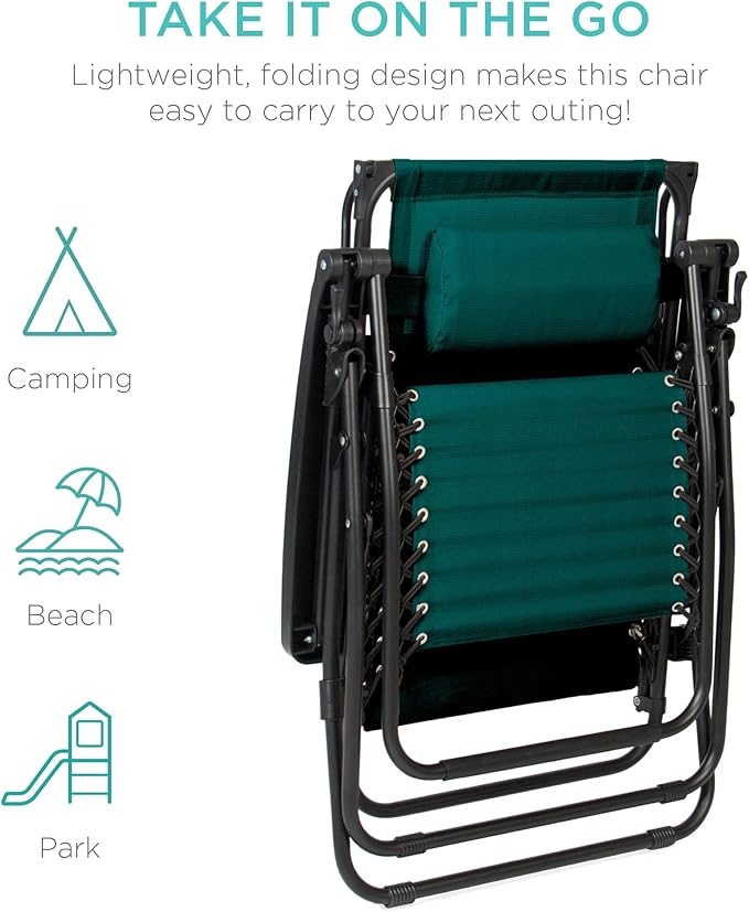 Best Choice Products Folding Zero Gravity Outdoor Recliner Patio Lounge Chair w/Adjustable Canopy Shade, Headrest, Side Accessory Tray, Textilene Mesh - Forest Green