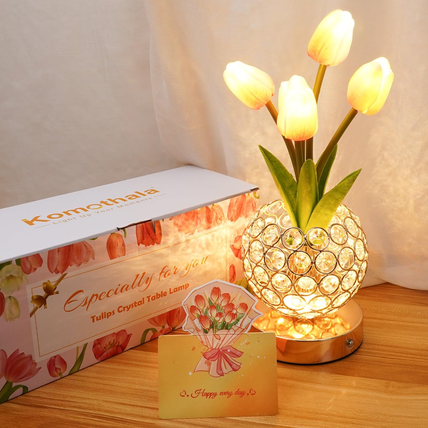 Komothala Tulip Flower Lamp,4000mAh Rechargeable Cordless Lamp with 3-Colour Stepless Dimming,Touch Control Cordless Table Lamp Night-Light for Home Decor,Unique Birthday Gifts for Women