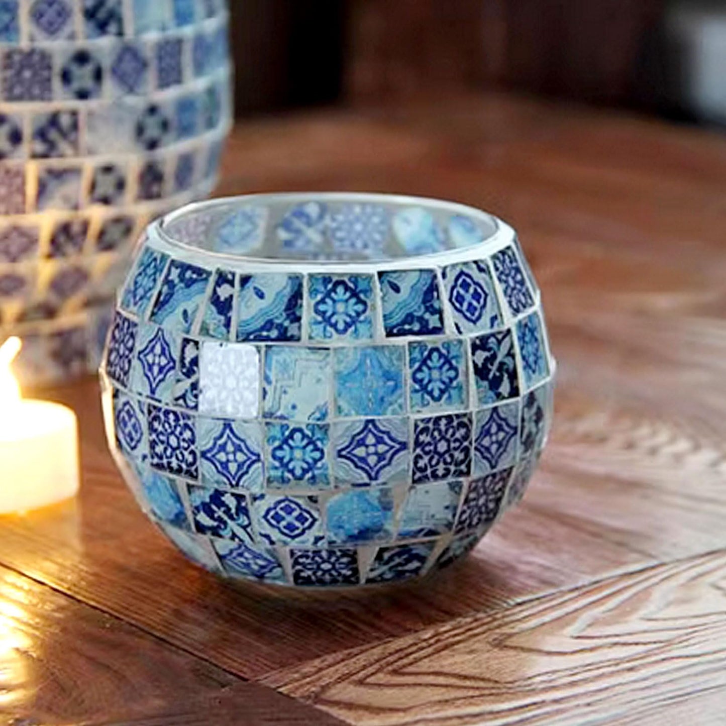 Mosaic Glass Tea Light Holders Romantic Stained Votive Candle Holder, MIATTCLD Round Handmade Tealight Candle Holder for Table Centerpieces, Christmas, Valentine, Birthday Party, Home Decor (M)