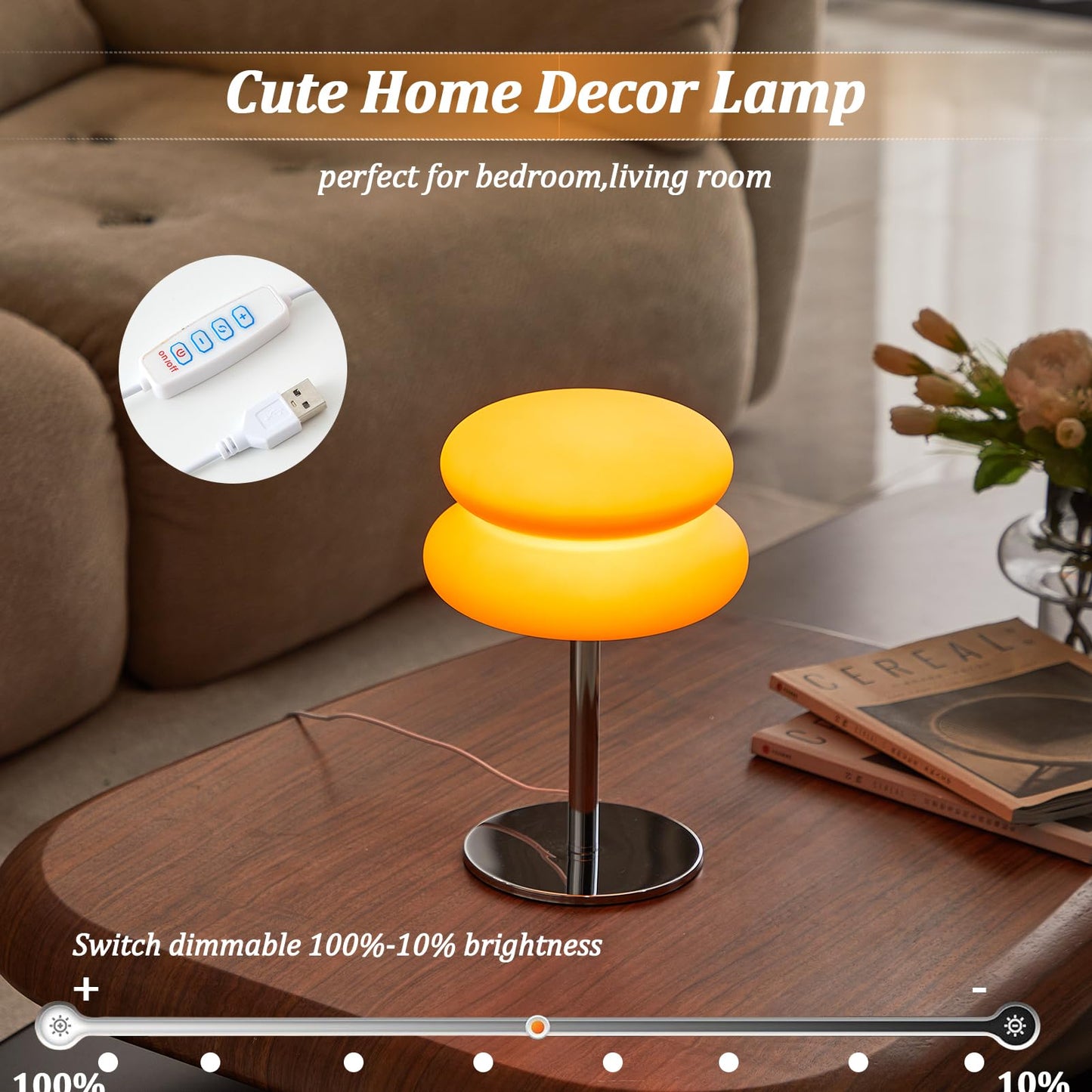 LSTVZSNRX Orange Mushroom Lamp, Mid Century Modern Lamp for Nightstand, Dimmable Retro Egg Tart Bedside Lamps, Home Decor Ambient Lighting Aesthetic Cute Lamps for Bedroom Living Room (NOT Glass)