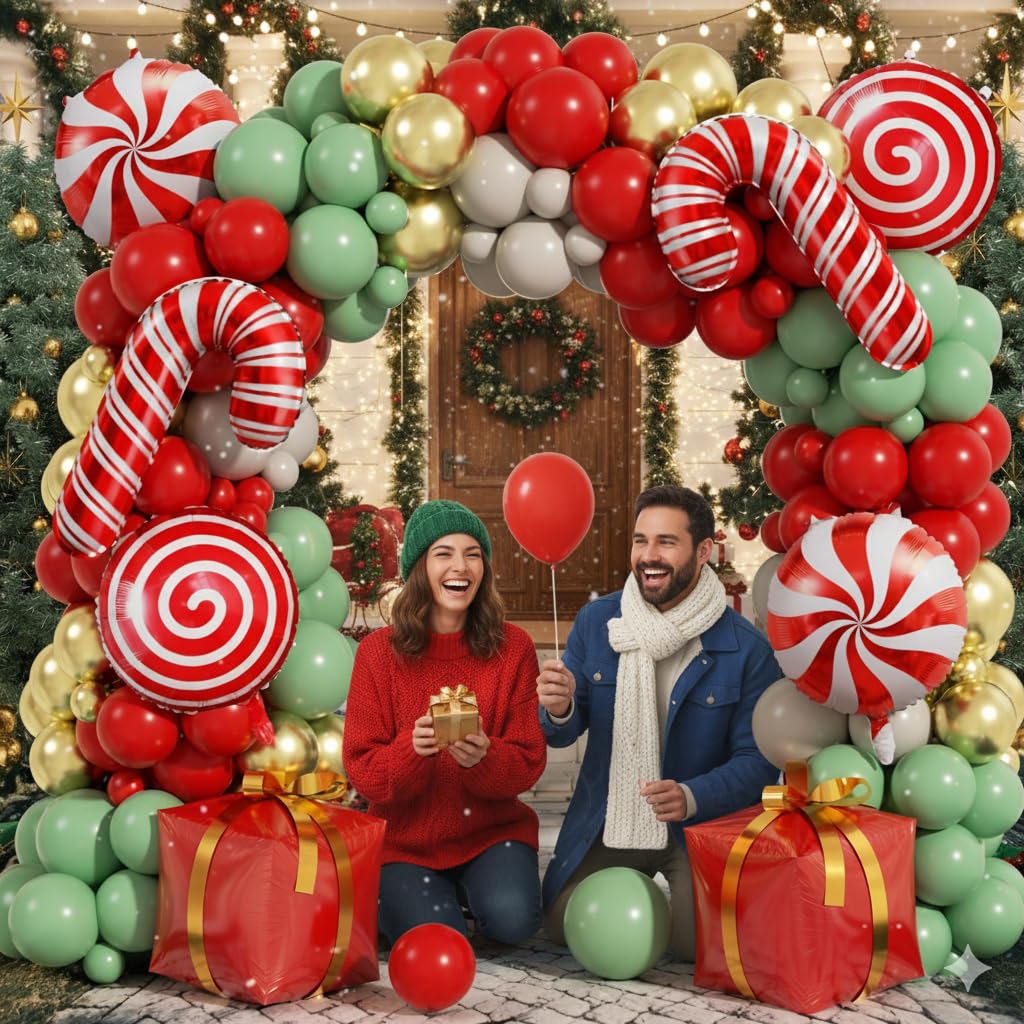 PTGOLUO 170Pcs Christmas Balloon Arch Garland Kit with Xmas Red Sage Green Gold White Sand Latex Balloons Gift Box Candy Cane Foil Balloons Arch Kit for Christmas New Year Party Party Decorations