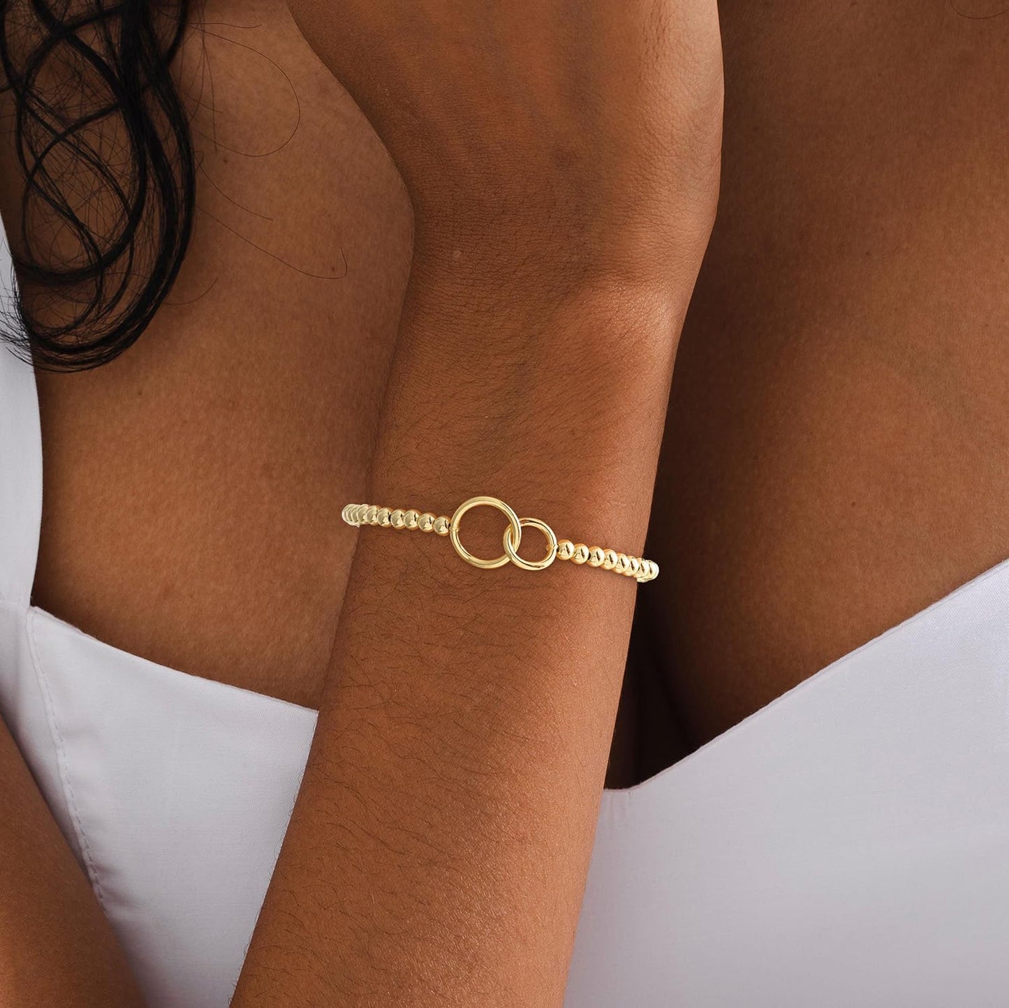 Beaded Bracelets for Women 14K Silver Gold Plated Stretch Handmade Ball Bracelets Cute Charm Bracelet Dainty Stackable Cross Heart Bow Wave CZ Circle Trendy Jewelry Easter Gifts (double-circle)