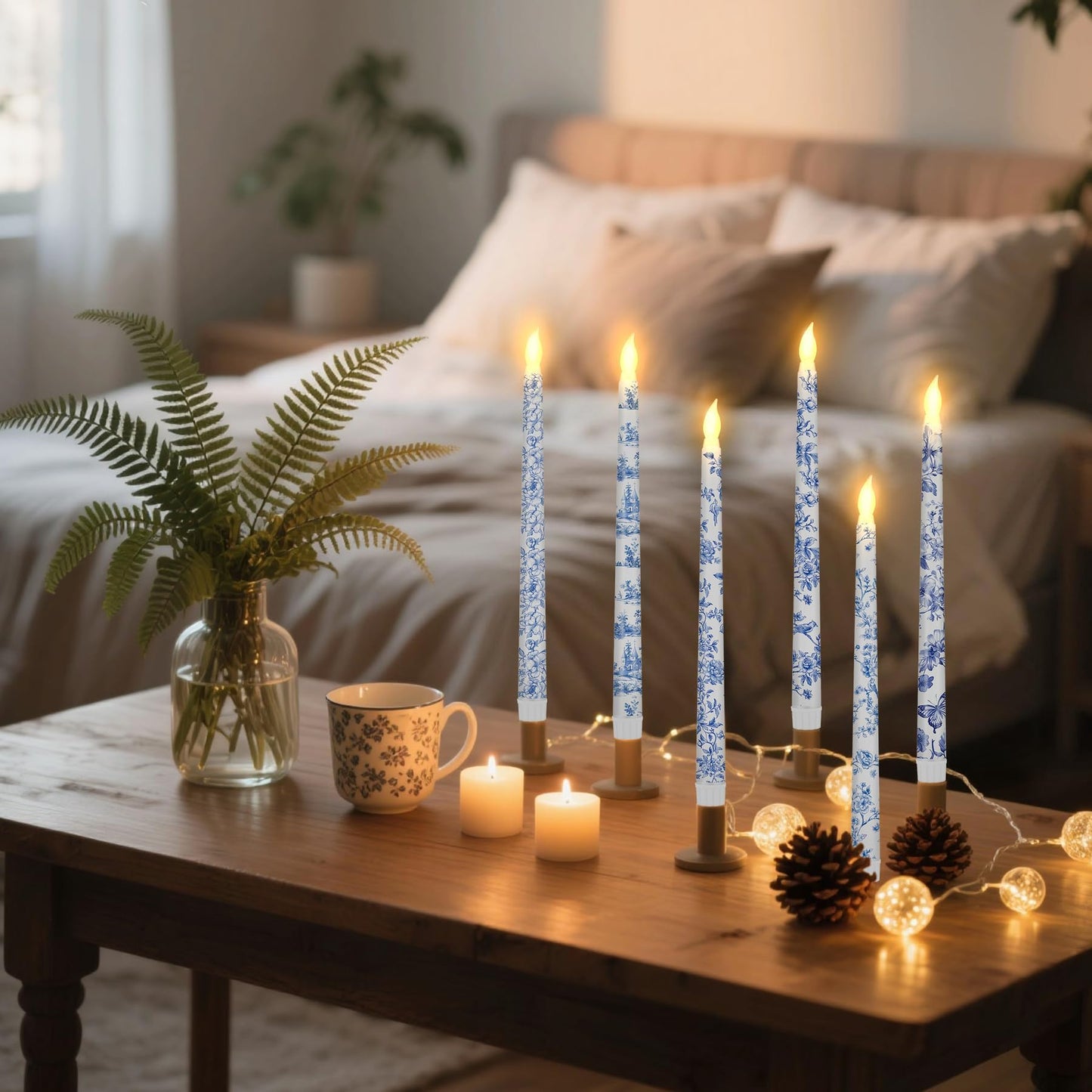 Kuabiz 6 Pcs Chinoiserie Flameless Candles 10.8 Inch Floral Taper Candles Blue and White Battery Operated Candle Decor for Wedding Table Centerpiece Garden Home Party Decor Supplies