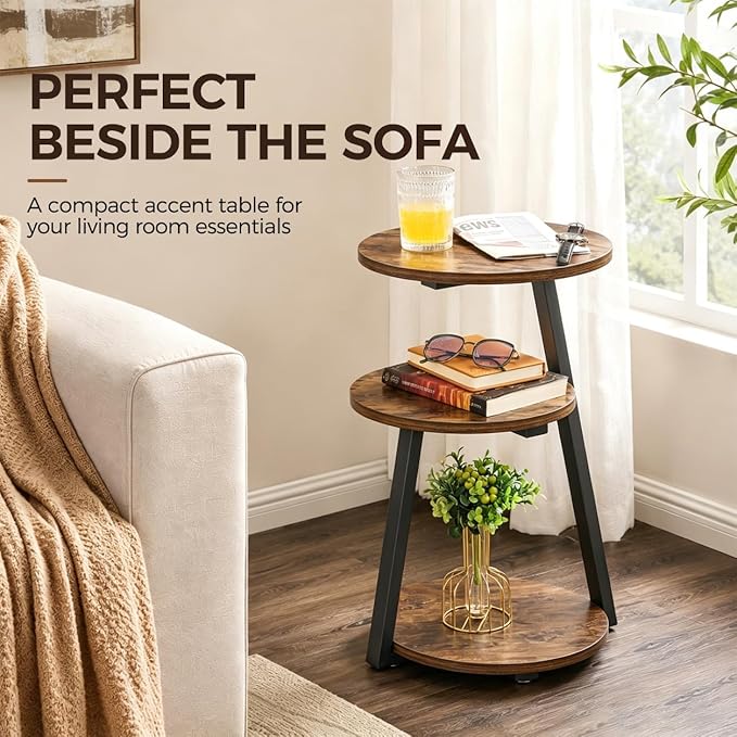 BEWISHOME Round Side Table, 3-Tier End Table, Nightstand