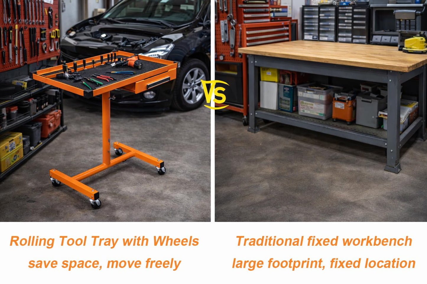 A A IN LT18 Heavy Duty Adjustable Work Table with Drawer for Mechanic,220lbs Capacity Rolling Tool Tray Table with Wheels Orange
