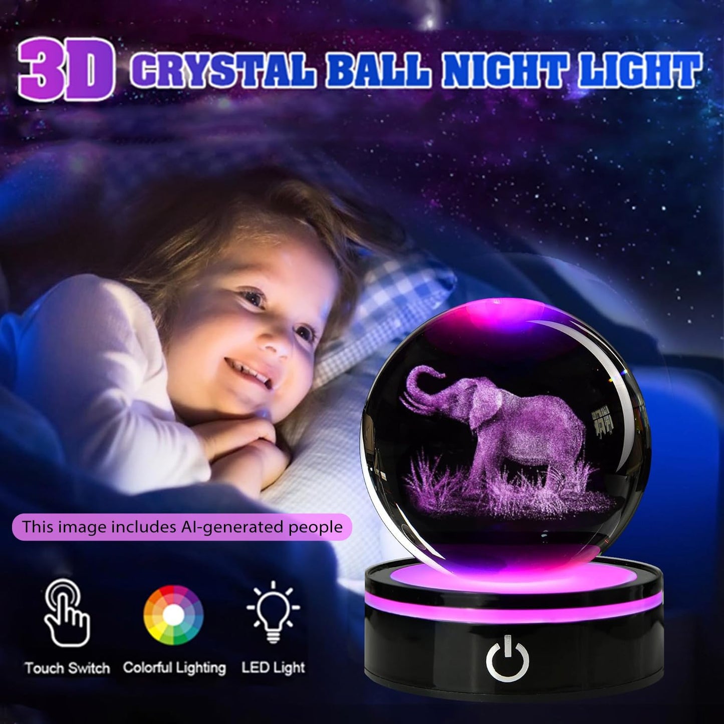 QIANCHANG 3D Elephant Crystal Ball with LED Stand, 80mm Glass Sphere Night Light Lamp, Crystal Animal Figurines Collectibles, Elephant Lover Gifts for Men & Women