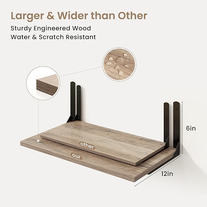 Fun Memories Floating Shelves for Wall, 12 Inch Deep Floating Shelves Set of 2