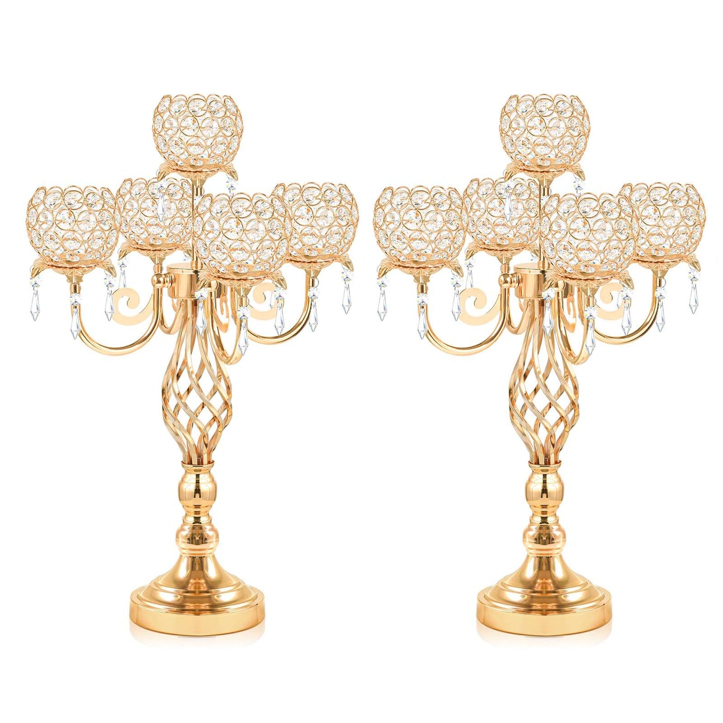 Kehail 5-Arm Crystal Candelabra Centerpiece 23.2" Tall - Elegant Candle Holder Stand with Crystal Bowl, Chic Table Decor for Weddings, Parties, Anniversary & Home Decoration (2, Gold)