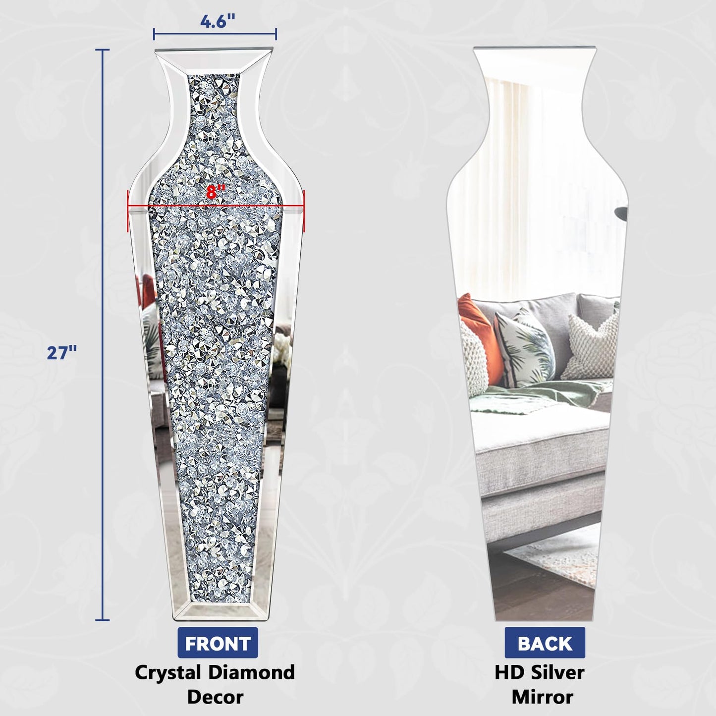 GA Home 27" Tall Crushed Diamond Floor Vase, Silver Large Vases for Decor Living Room, Crystal Mirrored Home Decor Vases for Dried Flower