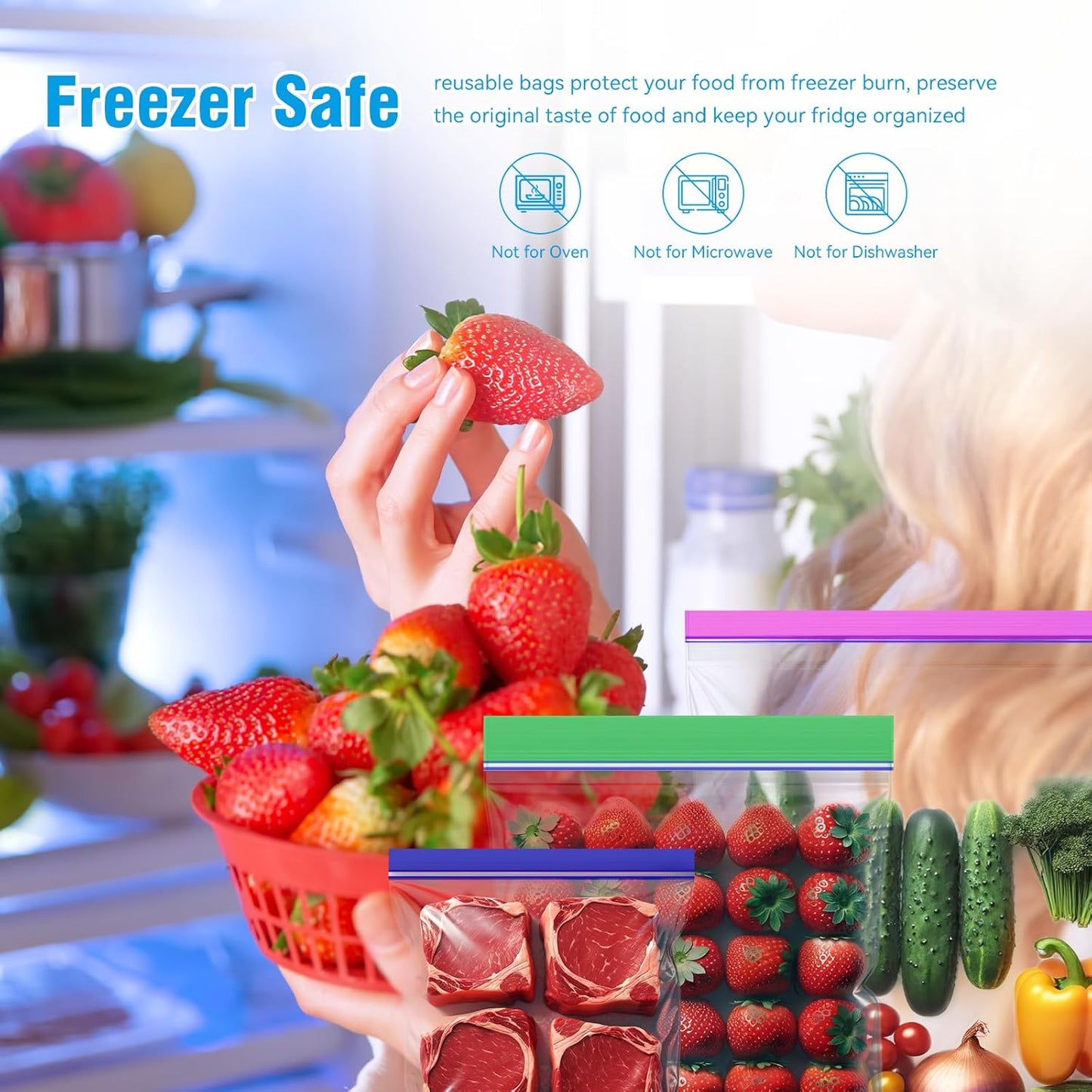 100-Pack Food Storage Freezer Bags - 3 Sizes, Reusable with Zipper Lock for Fruit and Veggies, Microwave and Freezer Safe, No BPA - Strong Seal, Easy to Fill for Lunch, Snacks, and Meals