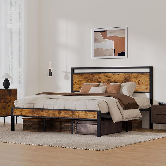 King Metal Bed Frame with Wooden Headboard and Footboard, Heavy Duty Platform
