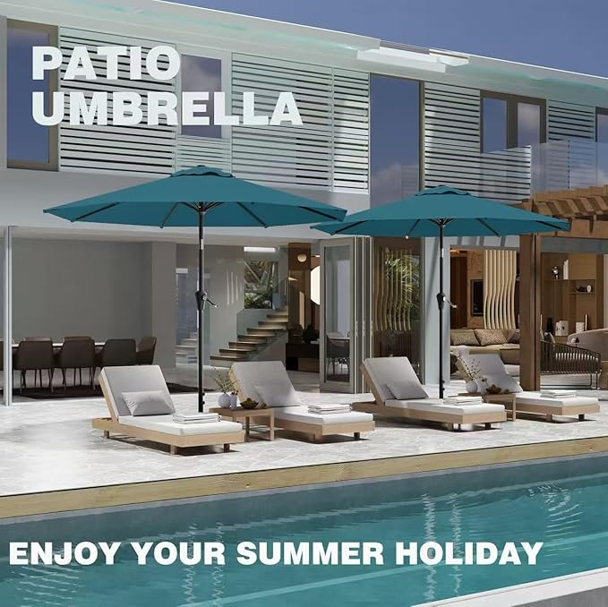 AreShark 9 FT Patio Umbrella for Outdoor, Outdoor Table Umbrella with Push Button Tilt and Crank, Outdoor Patio Umbrellas with 8 Sturdy Ribs for Market, Garden, Pool (Lake Blue)