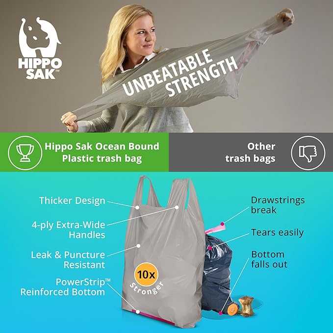 Hippo Sak - Tall Kitchen Garbage Bags - 13 Gallon Trash Bags Made from Recycled