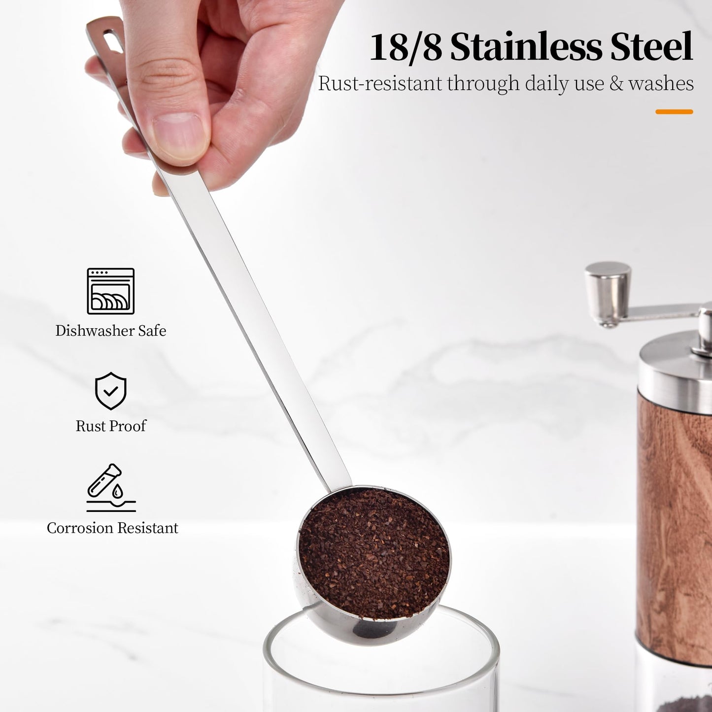 Lilybeam Long Handle Coffee Scoop: 8.6 Inch 18/8 Stainless Steel 2 Tablespoon Metal Measuring Spoon Tbsp Scoop for Coffee Beans, Grounds, Coffee Powder, Tea, Tall Jars (2Tbsp/30ml)