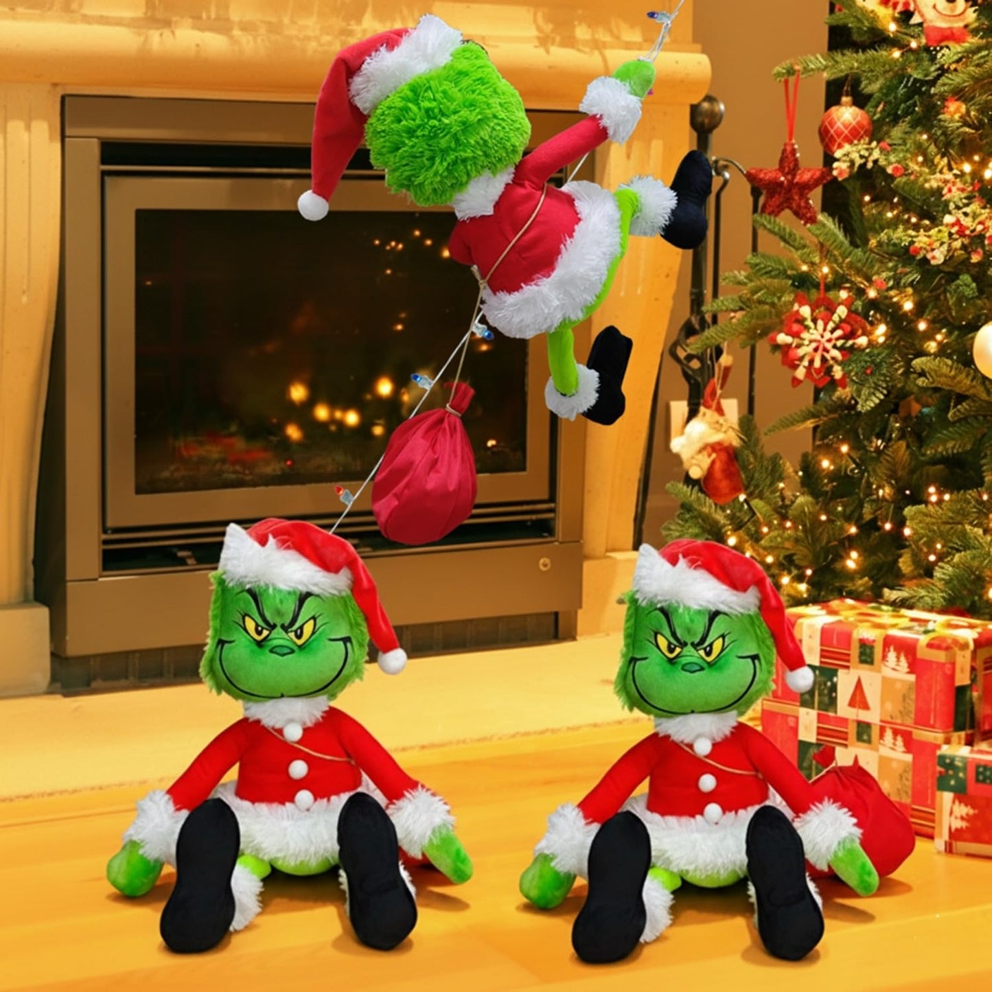 Christmas Green Monster Decorations, 23.6in Light Up Green Santa with LED String Lights Christmas Tree Ornaments, Pose-able Stuffed Doll for Outdoor Indoor Lawn Decoration