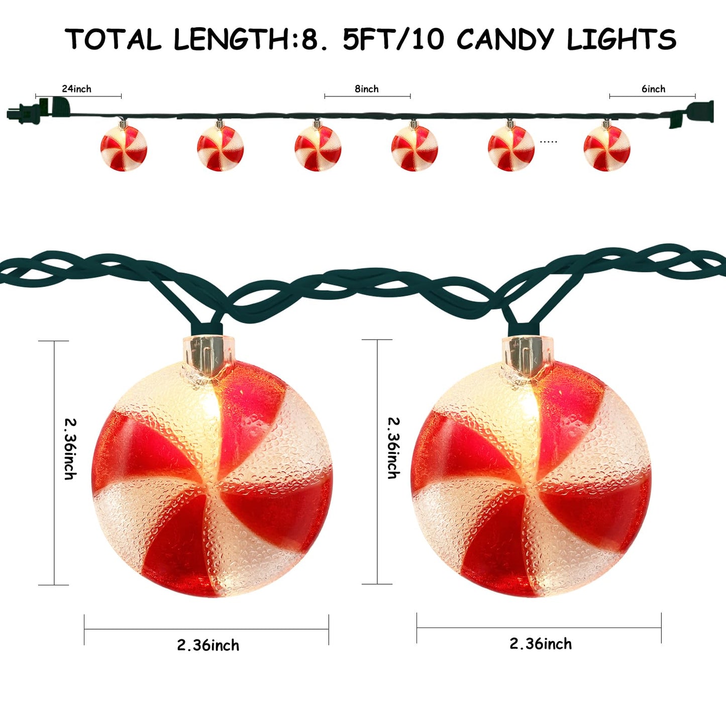 Christmas Candy Lights, 8.5Ft Christmas Decorations String Lights with 10 Red White Peppermint Candy Lights, Hanging Christmas Candy Fairy Lights for Xmas Outdoor Party Birthday Window Bedroom Decor