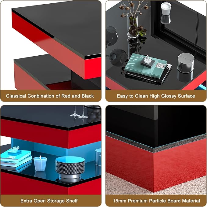 HedoAjim Red LED Coffee Table for Living Room, Living Room Table 2-Tier Square