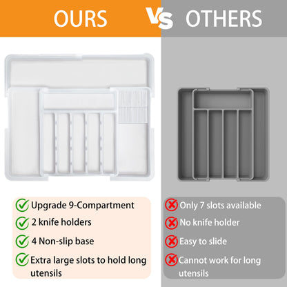 Homecor Silverware Organizer - Expandable Large Kitchen Drawer Organizer Utensil Organizer with 2 Removable Knife Blocks, 22"x 19"Cutlery Tray Drawer Dividers for Kitchen Flatware(6-9 Slots) (Black)