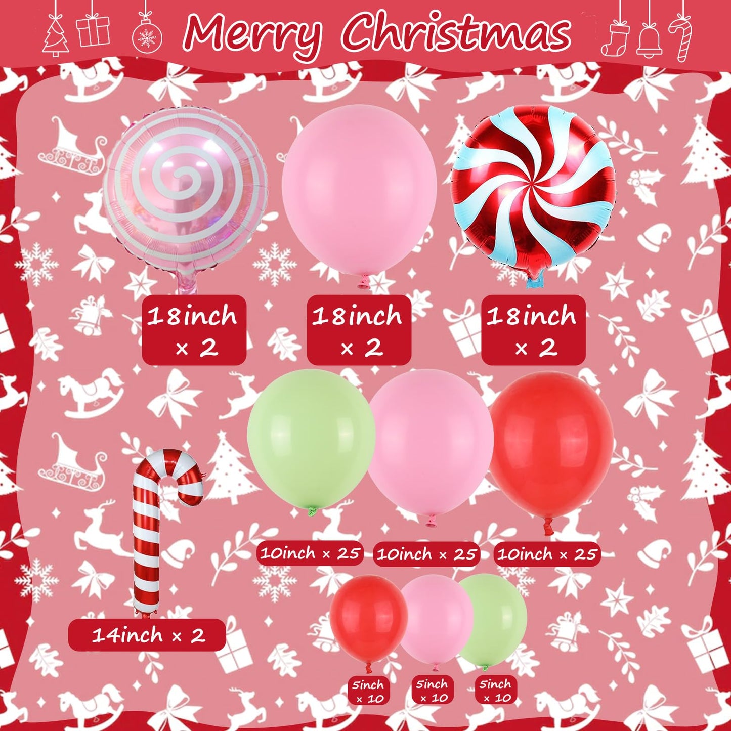Merry Christmas Balloon Arch Kit Pink Balloon Garland, 112pcs Christmas Decorations Pink Red Green Balloons with Windmill Cane Foil Balloon, Baby Shower Xmas Party Supplies Decor