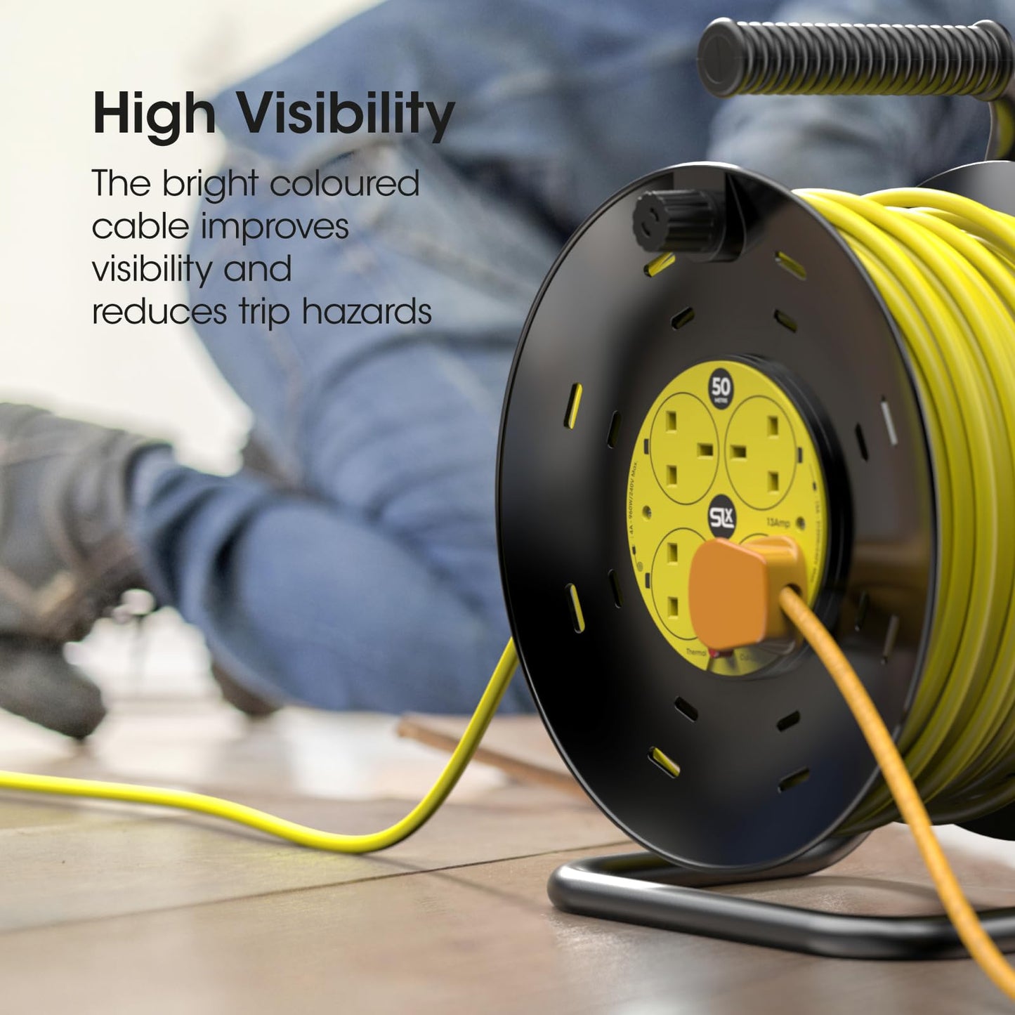 SLx Outdoor Extension Lead, 50m, 4 Socket Extension Reel, Heavy Duty Extension Cable, Thermal Cut Out, Extension Lead for Garden lawn mower Office, 13A Fused UK Plug